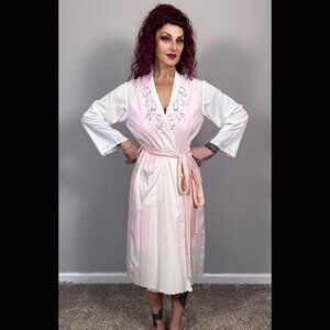 Y2K Asian Robe Kimono Pink & White Roses Sheer Vintage OS Embroidered Lingerie